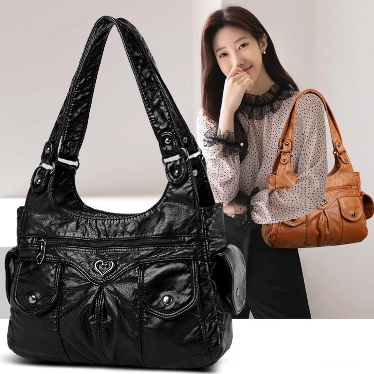 PU Tote Bag with Zipper and Patchwork Design - Spring 2025 Shoulder Bag