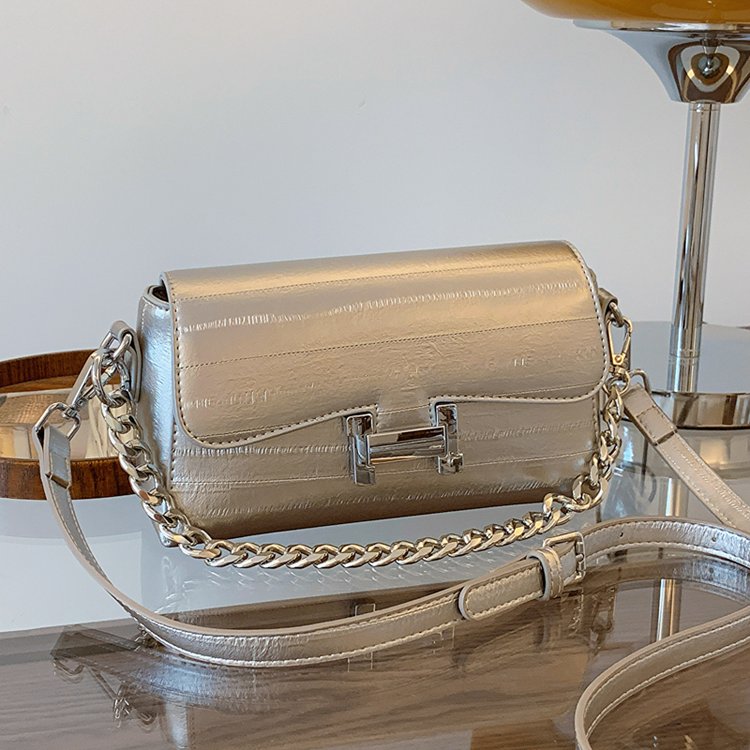 PU Small Square Shoulder Bag with Magnetic Closure and Stitching - White,Silver,Black - One Size
