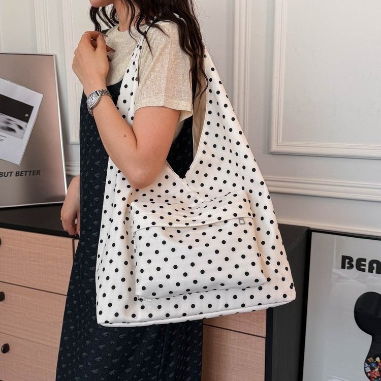 Nylon Tote Bag with Snap Closure and Stitching Detail